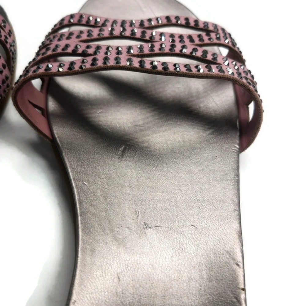 Vince Camuto Empiana Light Pink Woven Strap Black Crystals Flat Slide-On Sandals